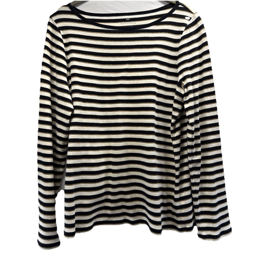 Talbots Womens Top Size Large Black White Gold Metallic Long Sleeve Cotton Blend